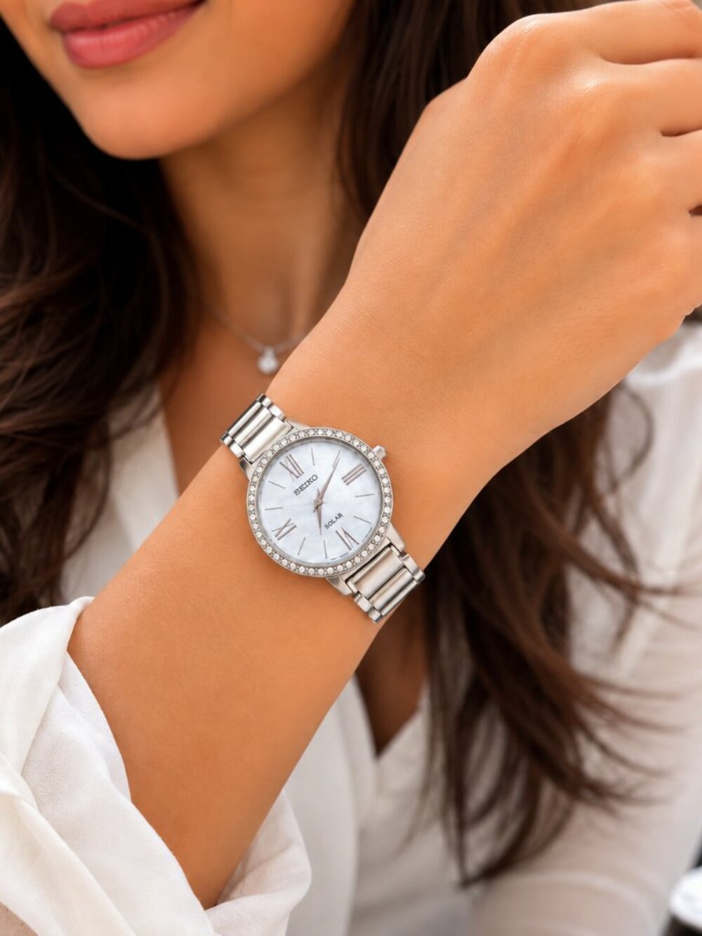 Seiko Solar Crystal Accent Stainless Steel Women's Watch